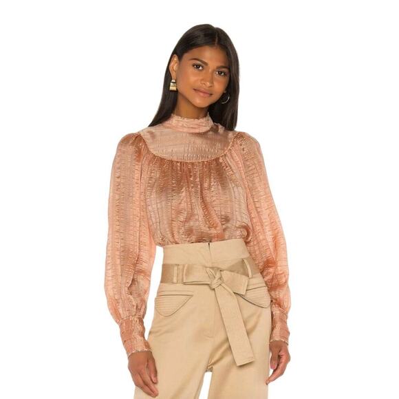 Ulla Johnson Edda Blouse Rose Gold/Peach Size 4 Mock Neck Long Sleeve Metallic - Picture 1 of 10